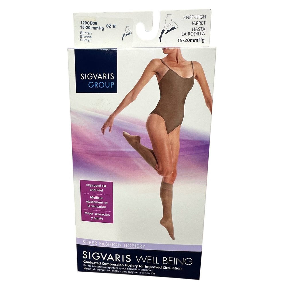 Sigvaris Well Being Compression Hosiery Womens Sz B Suntan New 15-20mmHg 120CB36